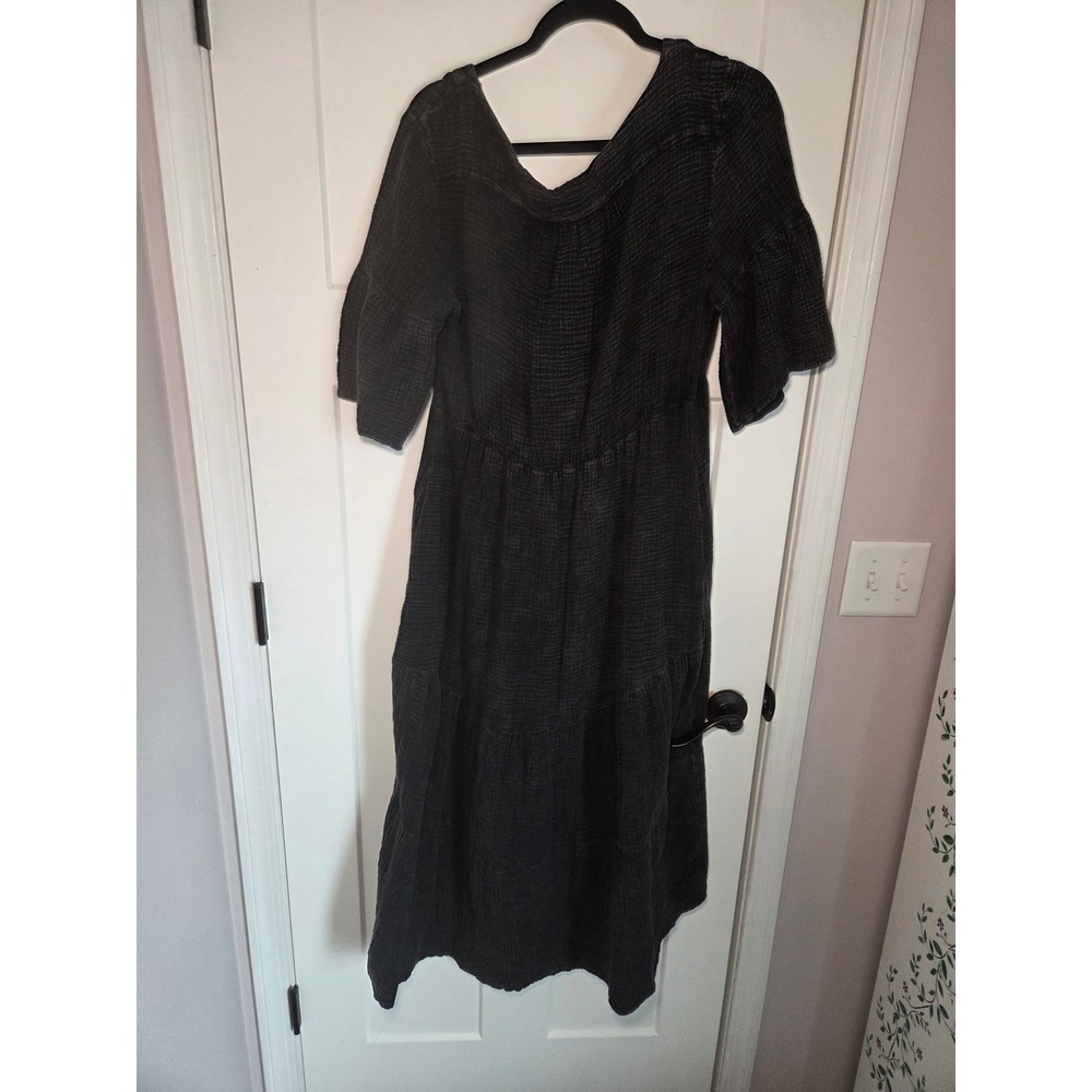 Before You With Love Charcoal Black Gauze Tiered Button Front Midi Dress Small